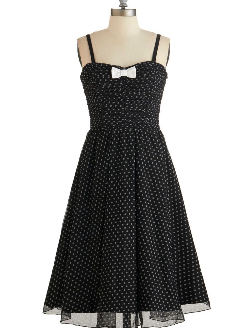 Rock Steady Retro Polka Dot Mesh Swing Dress Black & White Bow Size M